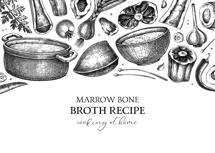 Healthy food background. Marrow bone broth frame. Hot soup on plates, pans, bowls, organ meat, vegetables, marrow bones sketches. Hand drawn vector illustrations. Homemade food ingredient